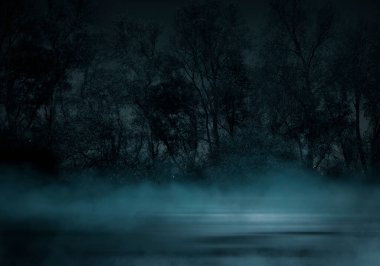 Karanlık, kasvetli orman. Ormanda bir gece. Orman ve ay ışığı olan doğa sahnesi. Ormanın gece manzarası, doğa, sis, sis, duman.