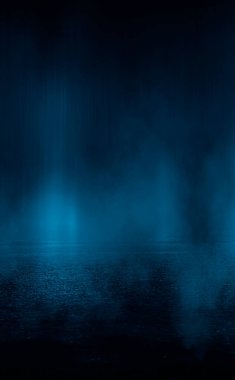 Karanlık sokak, ıslak asfalt, sudaki ışınların yansımaları. Soyut koyu mavi arka plan, duman, duman. Boş karanlık sahne, neon ışıklar, spot ışıkları. Beton zemin