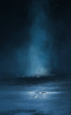 Karanlık sokak, ıslak asfalt, sudaki ışınların yansımaları. Soyut koyu mavi arka plan, duman, duman. Boş karanlık sahne, neon ışıklar, spot ışıkları. Beton zemin