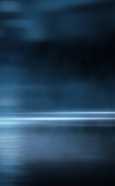 暗い通り 湿ったアスファルト 水の中の光線の反射 抽象ダークブルーの背景 スモッグ 空の暗いシーンネオンスポットライト コンクリート床 — ストック写真