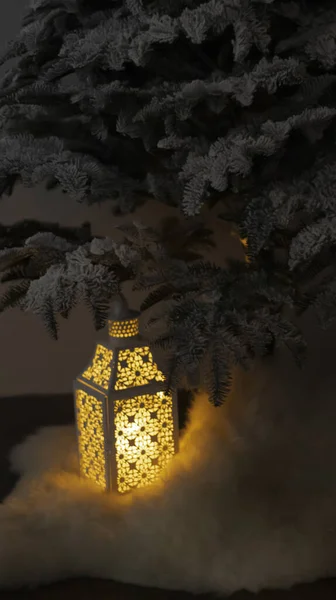 Nacht Festliche Laterne Unter Dem Baum Nachtbeleuchtung Dunkler Festlicher Hintergrund — Stockfoto