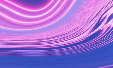 Soyut ultraviyole boş arkaplan, neon ışığı. Mavi ve pembe renk değişimi, çizgiler ve ışınlar, eğimli çizgiler. Sıvı çizgiler.