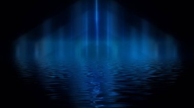 Boş gelecekçi dramatik sahne. Soyut karanlık manzara, sokak. Neon ışığı sıvısı elementi. Gece görüşü, neon mavi ışık. Fantezi arka planı. 3B illüstrasyon