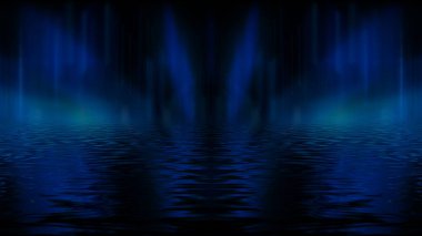 Boş gelecekçi dramatik sahne. Soyut karanlık manzara, sokak. Neon ışığı sıvısı elementi. Gece görüşü, neon mavi ışık. Fantezi arka planı. 3B illüstrasyon