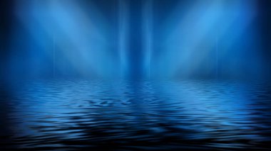 Boş gelecekçi dramatik sahne. Soyut karanlık manzara, sokak. Neon ışığı sıvısı elementi. Gece görüşü, neon mavi ışık. Fantezi arka planı. 3B illüstrasyon