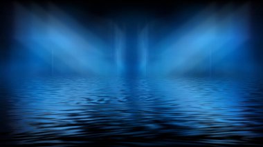 Boş gelecekçi dramatik sahne. Soyut karanlık manzara, sokak. Neon ışığı sıvısı elementi. Gece görüşü, neon mavi ışık. Fantezi arka planı. 3B illüstrasyon