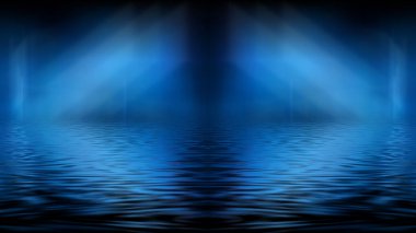 Boş gelecekçi dramatik sahne. Soyut karanlık manzara, sokak. Neon ışığı sıvısı elementi. Gece görüşü, neon mavi ışık. Fantezi arka planı. 3B illüstrasyon