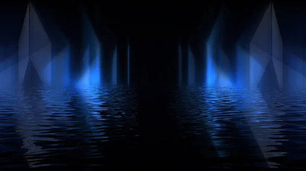 空虚的未来派戏剧场景 抽象的黑暗风景 中子轻流体元素 霓虹灯蓝光 幻想背景 3D插图 — 图库照片
