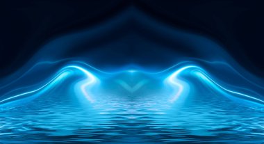 Abstract blue background with smooth lines and rays. Neon liquid, water overflows, waves. clipart