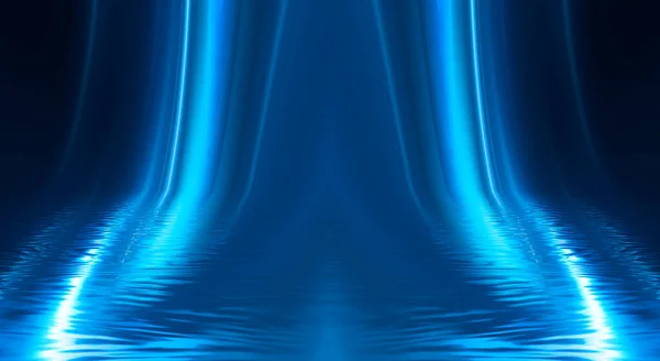带有平滑线条和光芒的蓝色背景 中子液体 水溢出 — 图库照片
