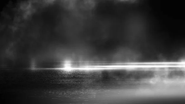 Dark Street Black Background Glare Light Wet Asphalt Rays Lines — Stock Photo, Image