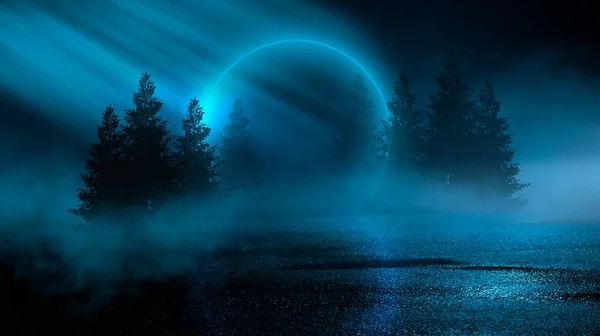 抽象的な風景や島 月明かり 輝きと未来的な夜の風景 水の中の光の反射と暗い自然のシーンは ネオンブルーの光 3Dイラスト — ストック写真
