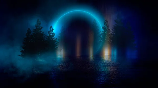 未来的夜景与抽象的风景和岛屿 黑暗的自然景观与反光在水中 霓虹灯蓝光 3D说明 — 图库照片