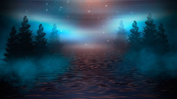 Futuristic night landscape with abstract landscape and island, moonlight, shine. Dark natural scene with reflection of light in the water, neon blue light. 3d illustration