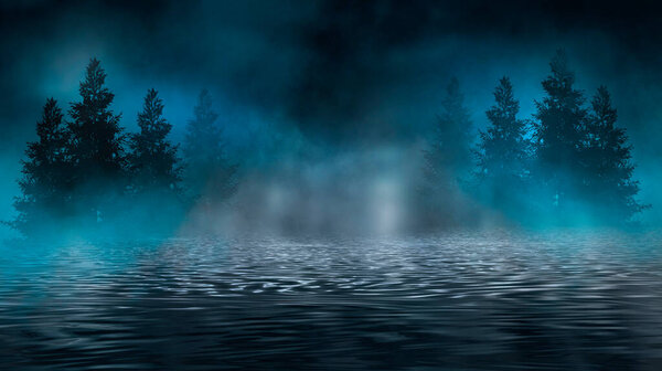 Футуристический ночной пейзаж с абстрактным ландшафтом и островом, лунный свет, блеск. Темная естественная сцена со светом в воде, неоновым синим светом. 3d иллюстрация
