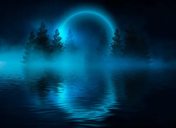 抽象的な風景や島 月明かり 輝きと未来的な夜の風景 水の中の光の反射と暗い自然のシーンは ネオンブルーの光 3Dイラスト — ストック写真