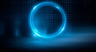 Neon dairesi. Karanlık sokak, neon ışığı, duman. Neon parıltısı, ıslak asfalt ve suya yansıyan soyut koyu arkaplan. Neon Işınları ve Çizgileri.