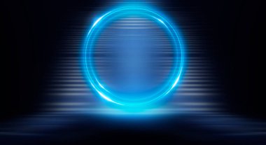 Neon dairesi. Karanlık sokak, neon ışığı, duman. Neon parıltısı, ıslak asfalt ve suya yansıyan soyut koyu arkaplan. Neon Işınları ve Çizgileri.