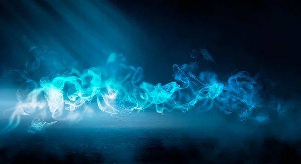 Dark street, neon light, smoke. Abstract dark background with neon glow, Wet asphalt, reflection on the water. Neon Rays and Lines.