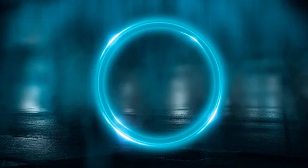 Neon circle. Dark street, neon light, smoke. Abstract dark background with neon glow, Wet asphalt, reflection on the water. Neon Rays and Lines.