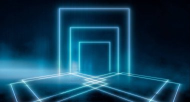 Soyut fütüristik neon arkaplan, ışık tüneli, koyu arkaplanda mavi neon şekiller. Gece görüşü, uzay arka planı, siber gerçeklik. Bilim, şehir, geometrik, asfalt, pembe, göster,