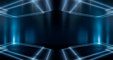 Soyut fütüristik neon arkaplan, ışık tüneli, koyu arkaplanda mavi neon şekiller. Gece görüşü, uzay arka planı, siber gerçeklik. Bilim, şehir, geometrik, asfalt, pembe, göster,