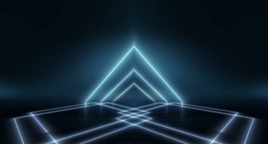 Soyut fütüristik neon arkaplan, ışık tüneli, koyu arkaplanda mavi neon şekiller. Gece görüşü, uzay arka planı, siber gerçeklik. Bilim, şehir, geometrik, asfalt, pembe, göster,