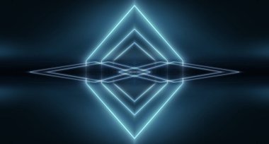 Soyut fütüristik neon arkaplan, ışık tüneli, koyu arkaplanda mavi neon şekiller. Gece görüşü, uzay arka planı, siber gerçeklik. Bilim, şehir, geometrik, asfalt, pembe, göster,
