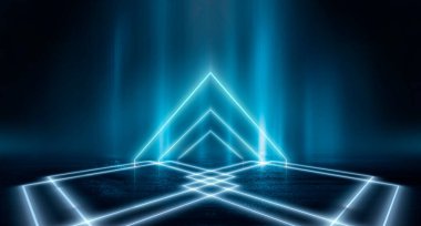 Soyut fütüristik neon arkaplan, ışık tüneli, koyu arkaplanda mavi neon şekiller. Gece görüşü, uzay arka planı, siber gerçeklik. Bilim, şehir, geometrik, asfalt, pembe, göster,