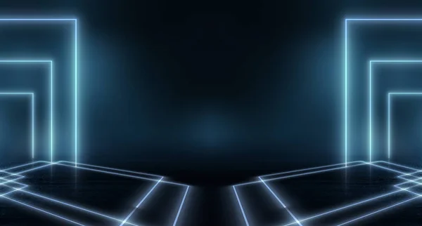抽象的な未来的なネオンの背景 光のトンネル 暗い背景に青いネオンの形 宇宙背景 サイバー現実 幾何学 ピンク ショー — ストック写真
