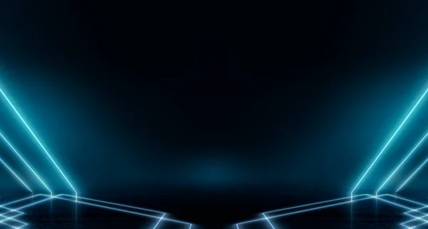 抽象的な未来的なネオンの背景 光のトンネル 暗い背景に青いネオンの形 宇宙背景 サイバー現実 幾何学 ピンク ショー — ストック写真
