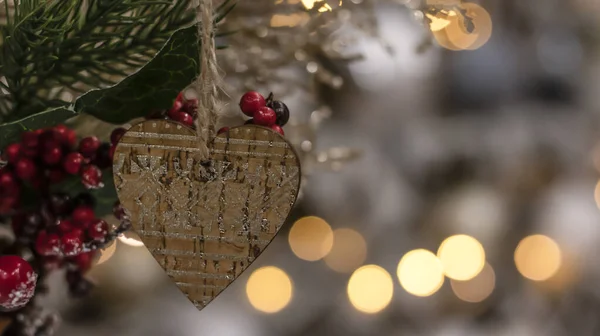 Juguete Árbol Navidad Madera Sobre Fondo Borroso Bokeh Primer Plano — Foto de Stock