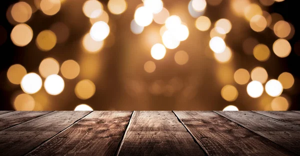 Wooden Holiday Empty Table Night View Blurred Bokeh Lights Background — Stock Photo, Image