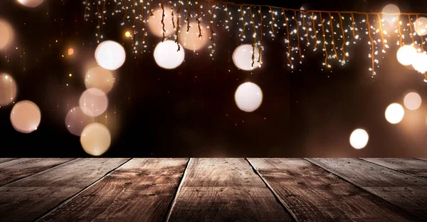 Wooden Holiday Empty Table Night View Blurred Bokeh Lights Background — Stock Photo, Image