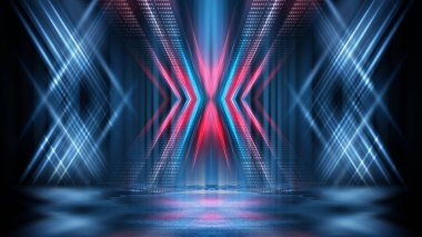 Işık efekti, bulanık arkaplan. Islak asfalt, şehrin gece görüşü, beton zeminde neon yansımalar. Gece boş sahne, stüdyo. Karanlık soyut arka plan, karanlık boş sokak. Gece şehri.