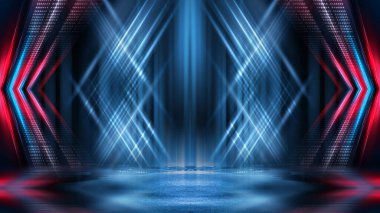 Işık efekti, bulanık arkaplan. Islak asfalt, şehrin gece görüşü, beton zeminde neon yansımalar. Gece boş sahne, stüdyo. Karanlık soyut arka plan, karanlık boş sokak. Gece şehri.