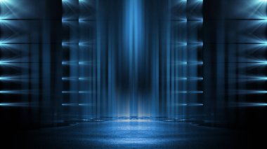 Işık efekti, bulanık arkaplan. Islak asfalt, şehrin gece görüşü, beton zeminde neon yansımalar. Gece boş sahne, stüdyo. Karanlık soyut arka plan, karanlık boş sokak. Gece şehri.