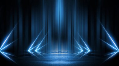 Işık efekti, bulanık arkaplan. Islak asfalt, şehrin gece görüşü, beton zeminde neon yansımalar. Gece boş sahne, stüdyo. Karanlık soyut arka plan, karanlık boş sokak. Gece şehri.