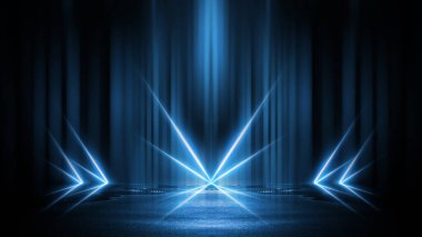 Işık efekti, bulanık arkaplan. Islak asfalt, şehrin gece görüşü, beton zeminde neon yansımalar. Gece boş sahne, stüdyo. Karanlık soyut arka plan, karanlık boş sokak. Gece şehri.