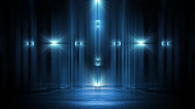 Işık efekti, bulanık arkaplan. Islak asfalt, şehrin gece görüşü, beton zeminde neon yansımalar. Gece boş sahne, stüdyo. Karanlık soyut arka plan, karanlık boş sokak. Gece şehri.