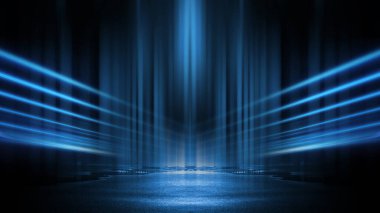 Işık efekti, bulanık arkaplan. Islak asfalt, şehrin gece görüşü, beton zeminde neon yansımalar. Gece boş sahne, stüdyo. Karanlık soyut arka plan, karanlık boş sokak. Gece şehri.