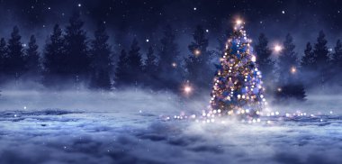Noel süslemeli ağaçlı gece ormanı fantezi manzarası. Kutlama ışıkları, karanlık orman, neon ışıklar. Gece ormanında süslenmiş Noel ağacı. Kartpostallar için arkaplan.