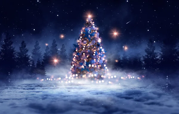 Night Winter Forest Fantasy Landscape Christmas Decorated Tree Festive Bokeh — Stock Photo, Image