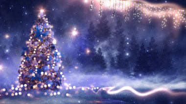 Noel süslemeli ağaçlı gece ormanı fantezi manzarası. Kutlama ışıkları, karanlık orman, neon ışıklar. Gece ormanında süslenmiş Noel ağacı. Kartpostallar için arka plan. Üç Boyut 