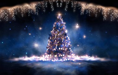 Noel süslemeli ağaçlı gece ormanı fantezi manzarası. Kutlama ışıkları, karanlık orman, neon ışıklar. Gece ormanında süslenmiş Noel ağacı. Kartpostallar için arka plan. Üç Boyut 