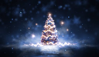 Noel süslemeli ağaçlı gece ormanı fantezi manzarası. Kutlama ışıkları, karanlık orman, neon ışıklar. Gece ormanında süslenmiş Noel ağacı. Kartpostallar için arka plan. Üç Boyut 