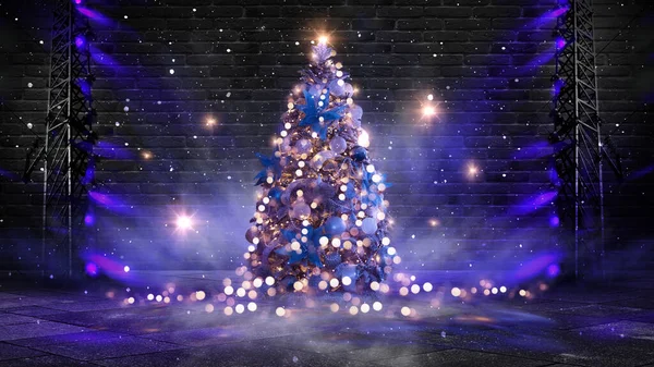 Nový Rok Strom Hračkami Interiéru Otevřené Dveře Magické Světlo Stará — Stock fotografie