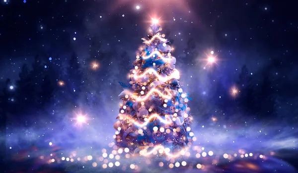 Noel süslemeli ağaçlı gece ormanı fantezi manzarası. Kutlama ışıkları, karanlık orman, neon ışıklar. Gece ormanında süslenmiş Noel ağacı. Kartpostallar için arka plan. Üç Boyut 
