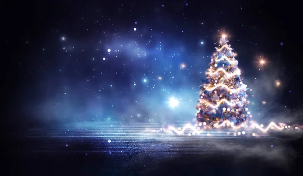 Night Winter Forest Fantasy Landscape Christmas Decorated Tree Festive Bokeh — Stock Photo, Image