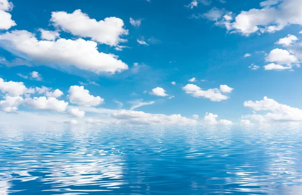 Daytime blue sky, horizon, sunlight reflected in water, clouds, waves. Empty sea landscape, natural scene.